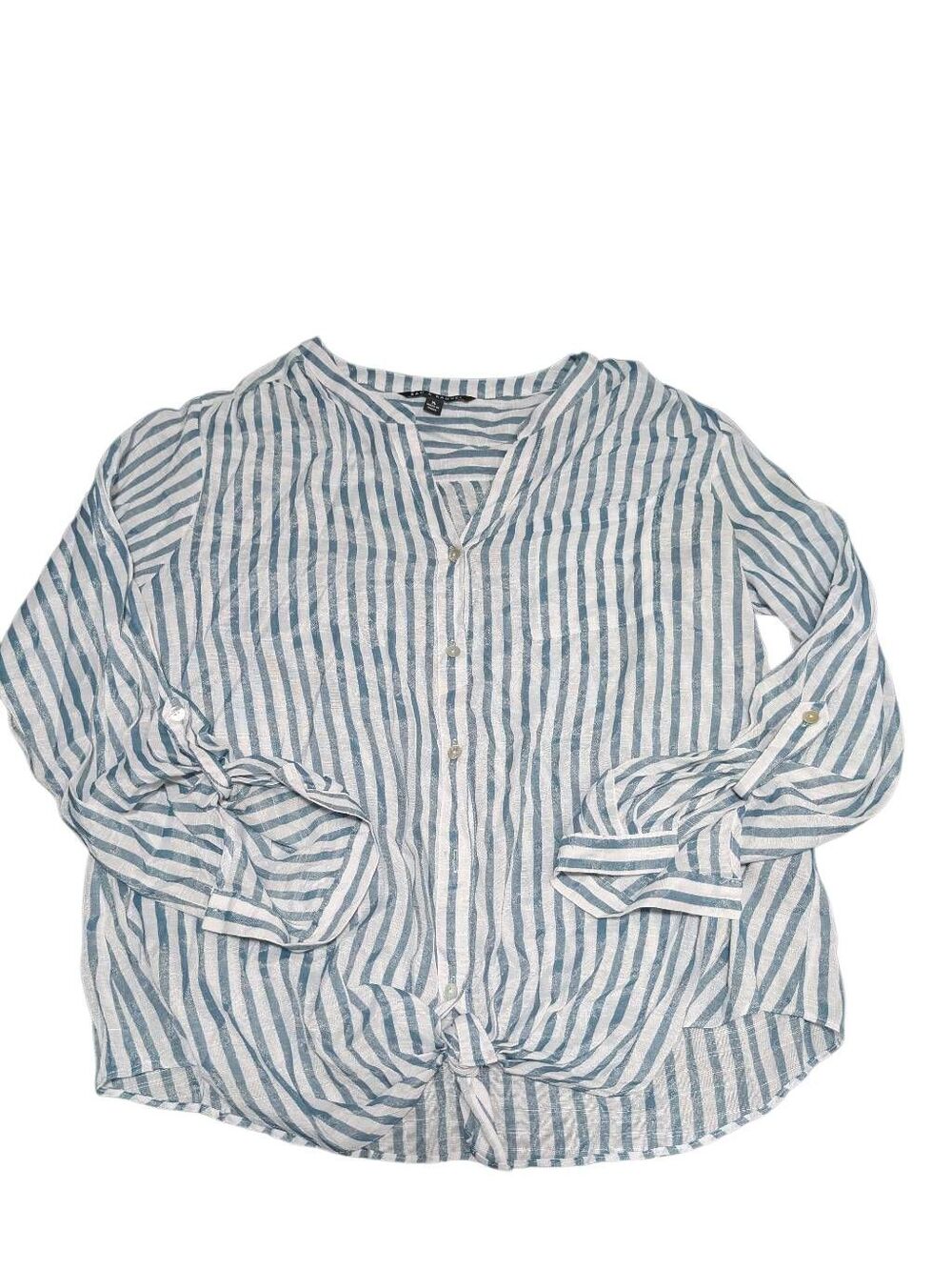 Zac & Rachael blue and white striped button-down blouse with roll-tab sleeves an